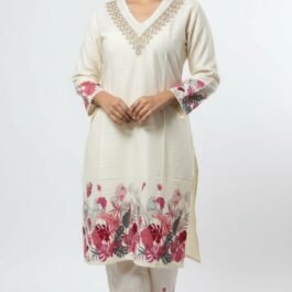 Ivory floral printed kurta set with lace nackline