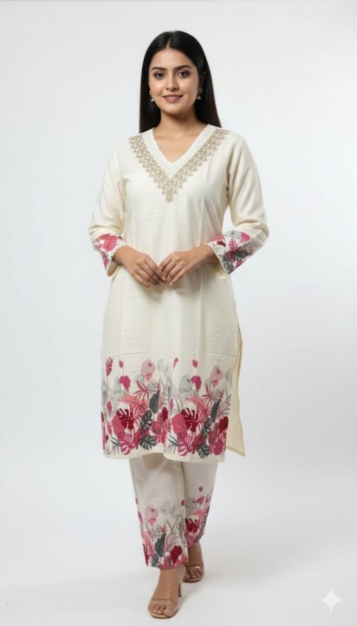 Ivory floral printed kurta set with lace nackline
