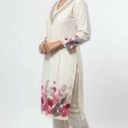 Ivory floral printed kurta set with lace nackline