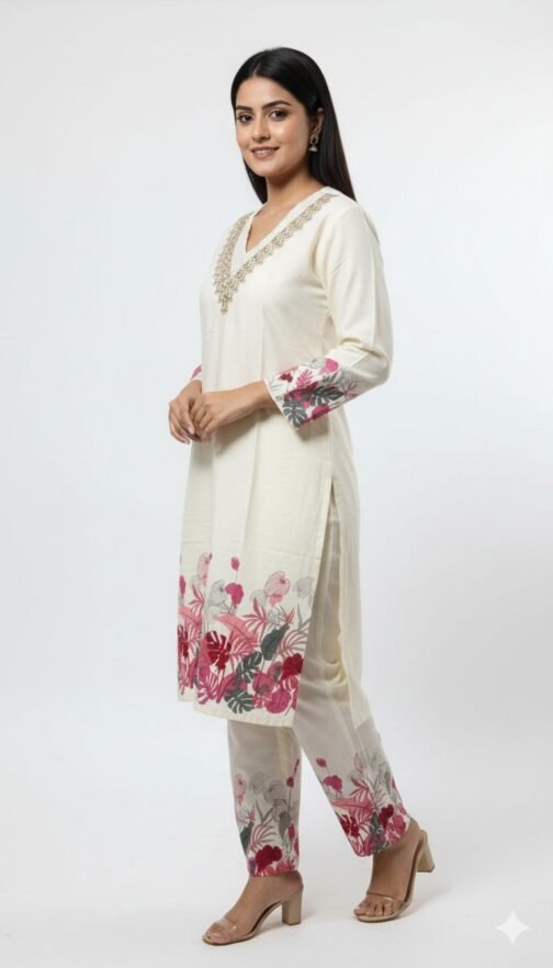 Ivory floral printed kurta set with lace nackline - Image 2