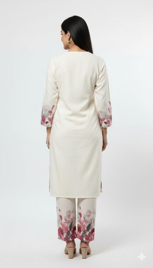 Ivory floral printed kurta set with lace nackline - Image 4