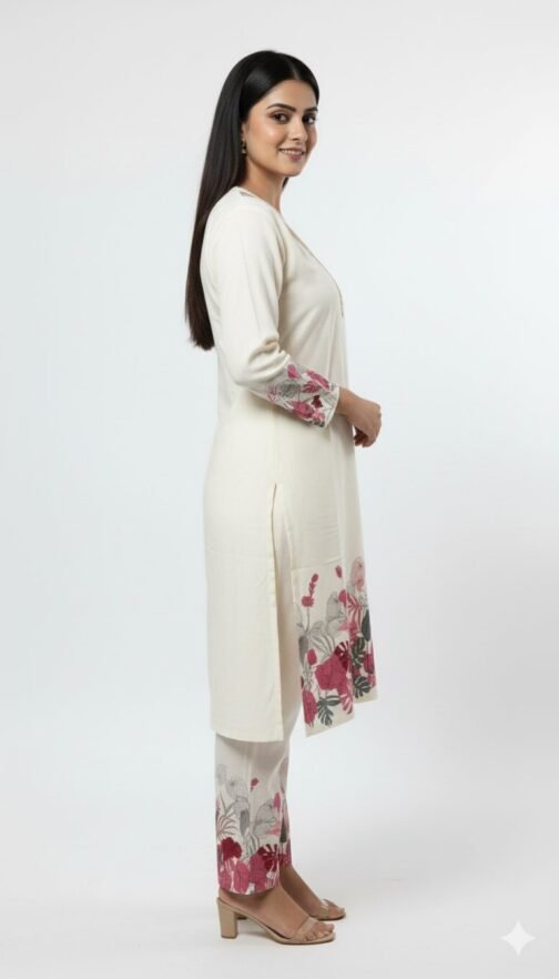 Ivory floral printed kurta set with lace nackline - Image 3