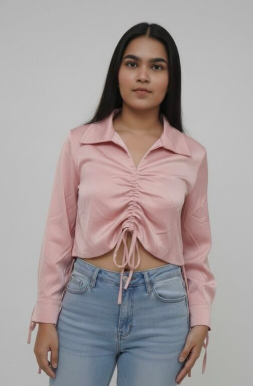 Collared ruched satin crop shrit - Image 4