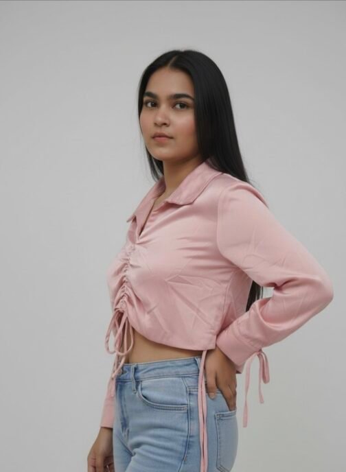 Collared ruched satin crop shrit - Image 2