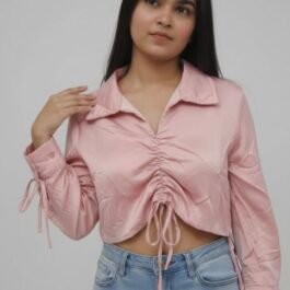 Collared ruched satin crop shrit