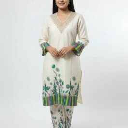 Ivory floral printed kurta set with lace nackline