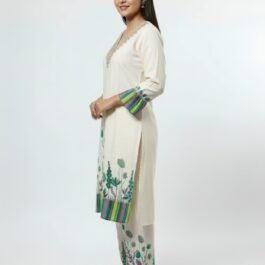 Ivory floral printed kurta set with lace nackline