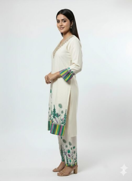 Ivory floral printed kurta set with lace nackline - Image 2