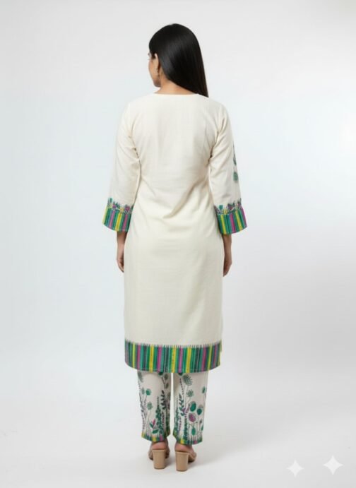 Ivory floral printed kurta set with lace nackline - Image 3