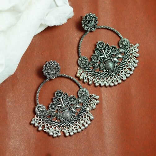 Oxidised Silver Floral Chandbali - Image 3