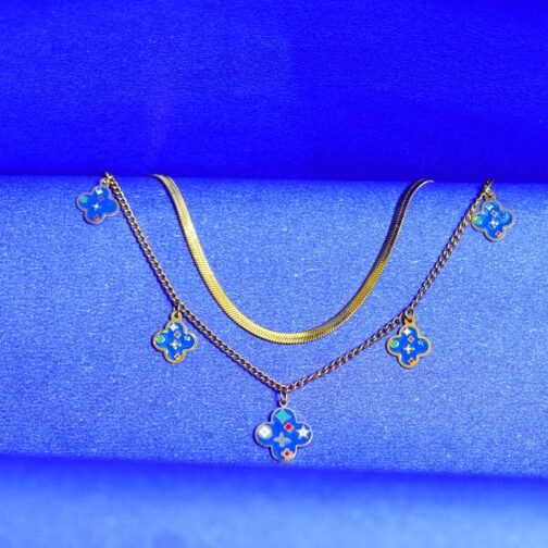 Gold-Plated Clover Pendant Necklace with Blue Enamel Charms - Image 5