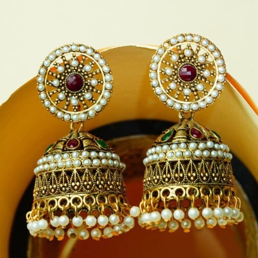 Royal Dangler Gold & Ruby Jhumka Earrings - Image 7