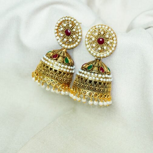 Royal Dangler Gold & Ruby Jhumka Earrings - Image 5
