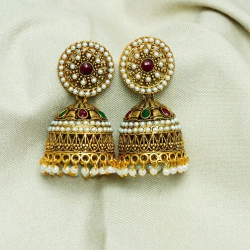 Royal Dangler Gold & Ruby Jhumka Earrings - Image 4