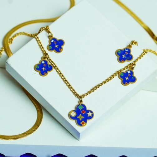 Gold-Plated Clover Pendant Necklace with Blue Enamel Charms - Image 11