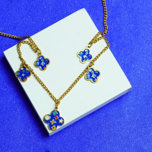 Gold-Plated Clover Pendant Necklace with Blue Enamel Charms - Image 14
