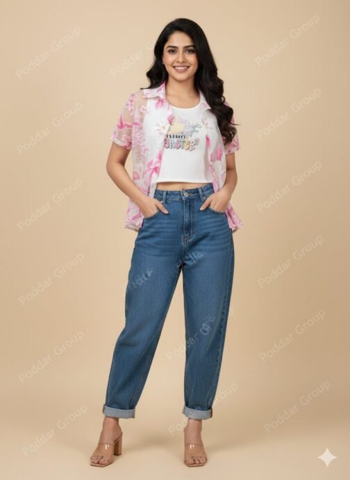 White Ribbed Crop Top with Floral Sheer shirt