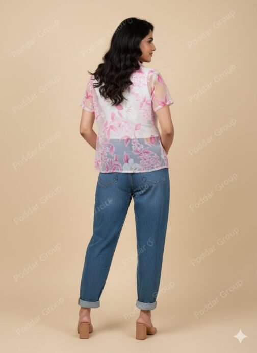 White Ribbed Crop Top with Floral Sheer shirt - Image 3