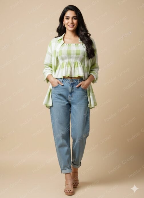 Green Checkered Crop Top with Shrug