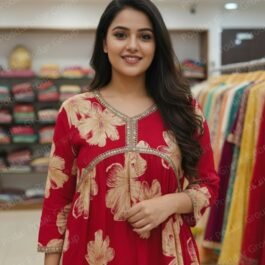 Red Floral Printed Kurti with Golden Embellished Detailing