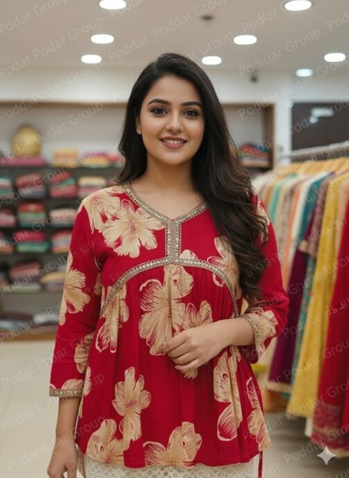 Red Floral Printed Kurti with Golden Embellished Detailing