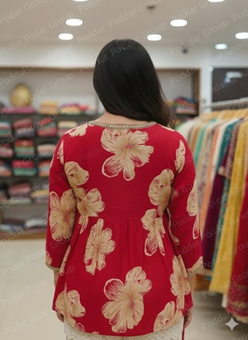 Red Floral Printed Kurti with Golden Embellished Detailing - Image 3