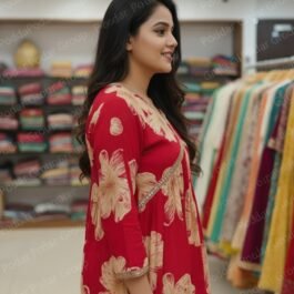 Red Floral Printed Kurti with Golden Embellished Detailing