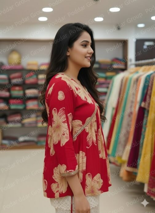 Red Floral Printed Kurti with Golden Embellished Detailing - Image 2