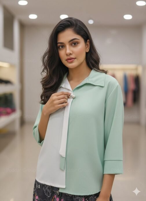 Mint Green and White Color-Block Collared Top