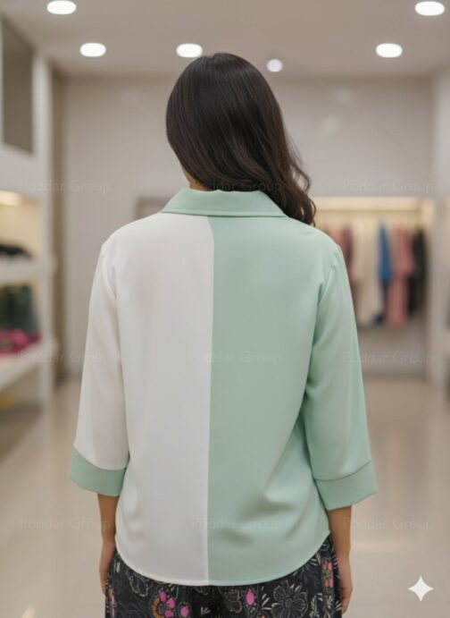 Mint Green and White Color-Block Collared Top - Image 2