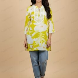 Vibrant Lime Green Floral Print Tunic with Lace Yoke