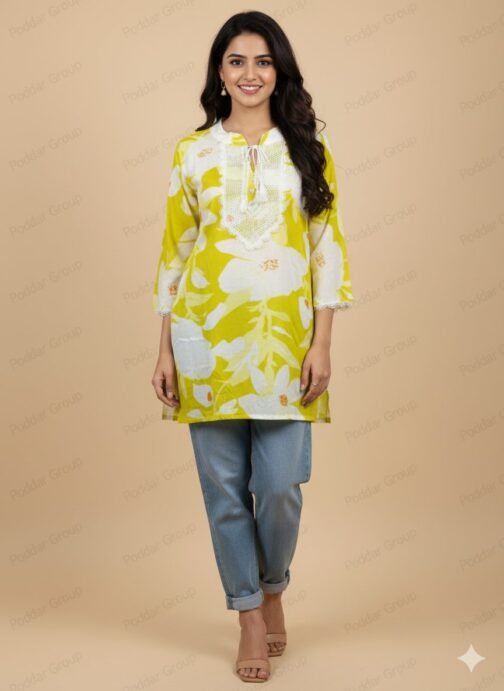 Vibrant Lime Green Floral Print Tunic with Lace Yoke