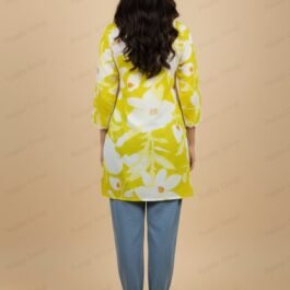 Vibrant Lime Green Floral Print Tunic with Lace Yoke