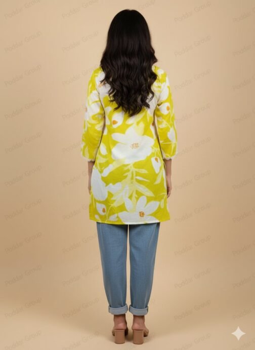 Vibrant Lime Green Floral Print Tunic with Lace Yoke - Image 2