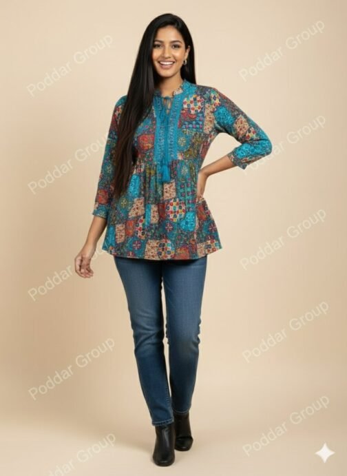 Vibrant Bohemian Patchwork Print Peplum Tunic Top with Tassels