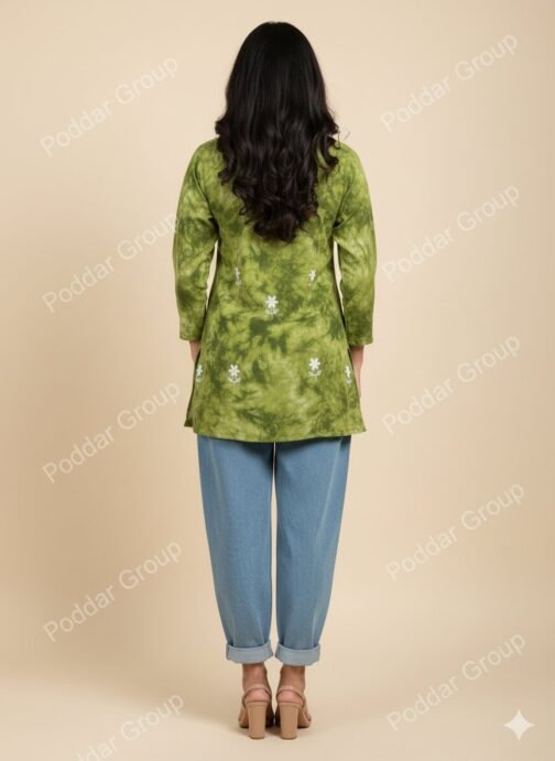 Ethnic Embroidered Short Kurti in Tie-Dye Green - Image 2