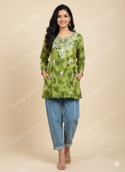 Ethnic Embroidered Short Kurti in Tie-Dye Green