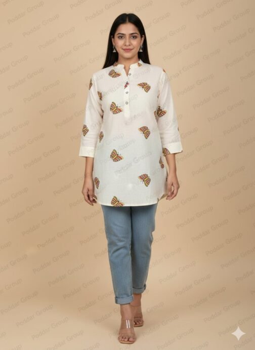 Charming Off-White Butterfly Print Kurti/Tunic