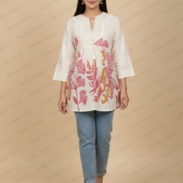 Off-White Tunic with Pink Botanical Print & Crochet Detail