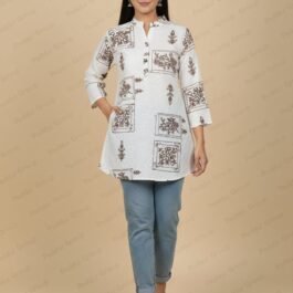 White Textured Tunic with Geometric Block Print