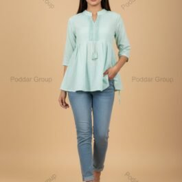 Mint Green Dotted Peplum Top with Lace Yoke