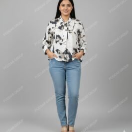 Monochrome Print Full-Sleeve Collared Top