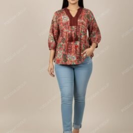 Short-Sleeve Empire Waist Top with Ethnic Print