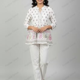 Bohemian White Tunic with Pink and Gold Print