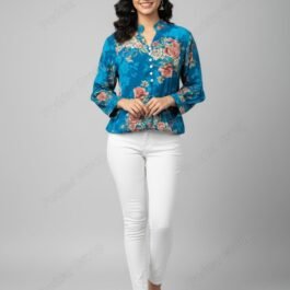 Satin-Finish Teal Top with Rose Print and Bishop Sleeves