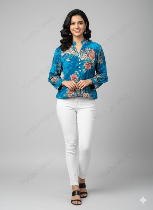 Satin-Finish Teal Top with Rose Print and Bishop Sleeves