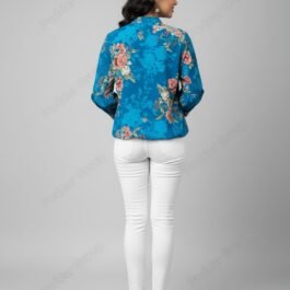 Satin-Finish Teal Top with Rose Print and Bishop Sleeves