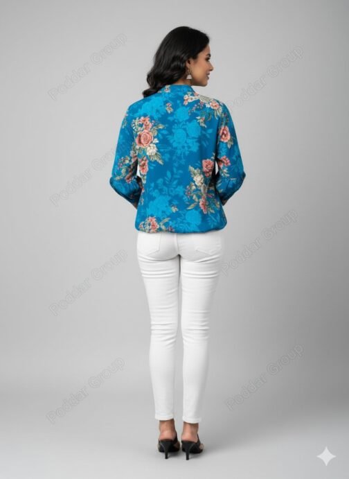 Satin-Finish Teal Top with Rose Print and Bishop Sleeves - Image 2