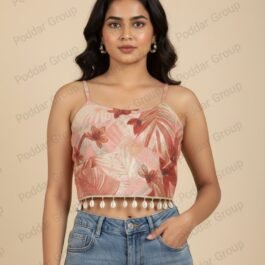 Tropical Print Crop Top with Shell Fringe Detail