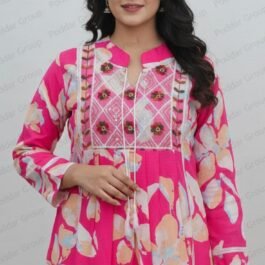 Bright Magenta Kurti with Geometric Embellishment